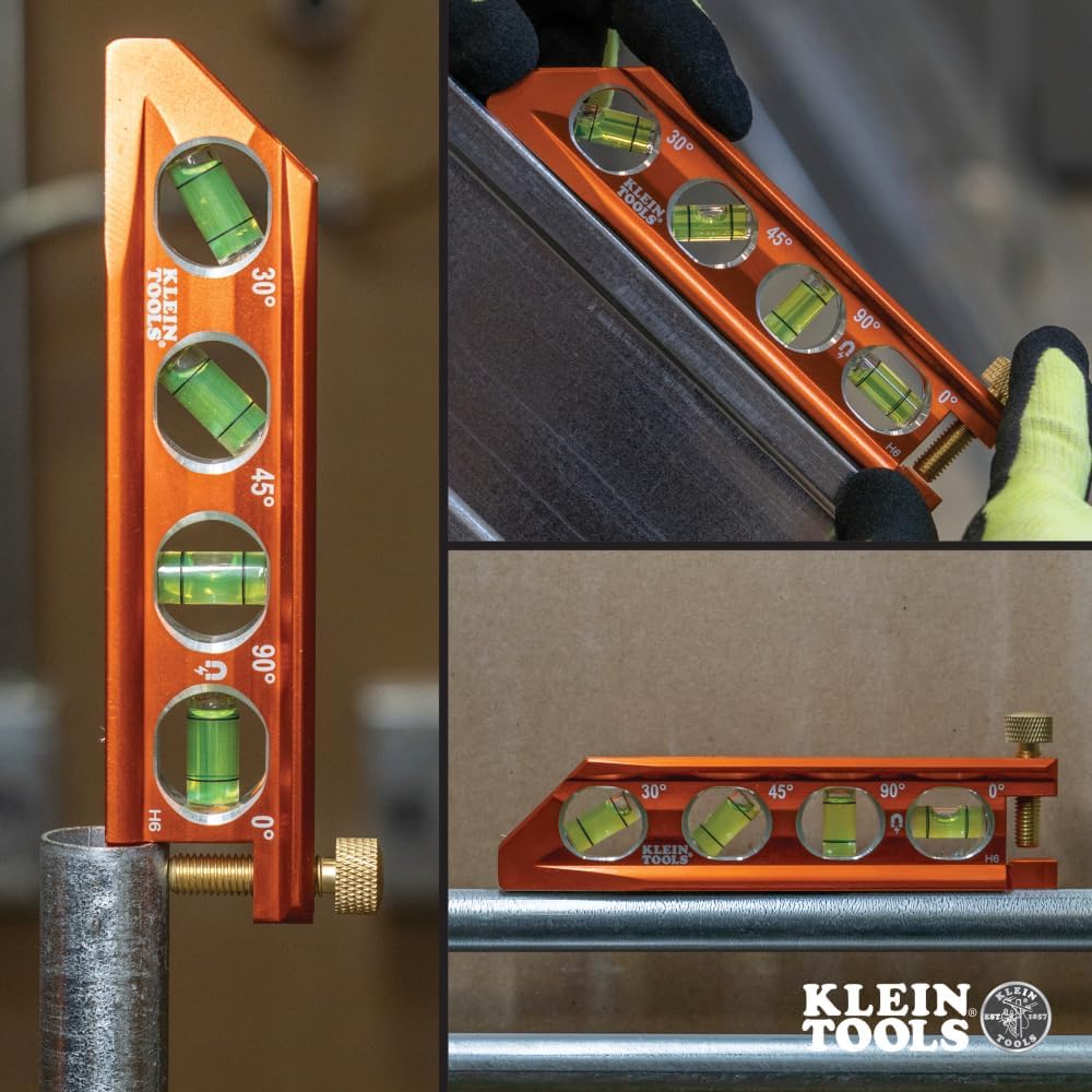 Klein Tools 935AB4V Torpedo Level – Recessed Vials and V-Groove Grip for Stable Pipe Leveling on Ladders