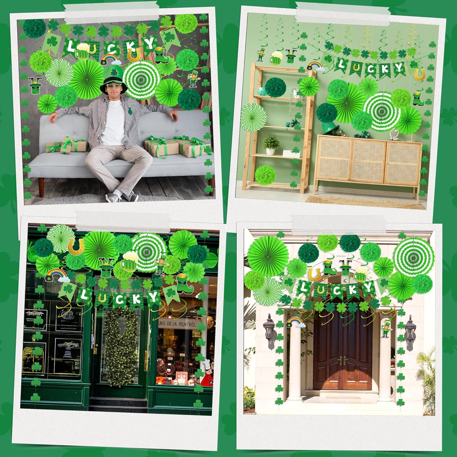 Kleverise St. Patrick's Day Paper Fan Set – Green Living Room Wall Decor, Mantel and Doorway Styling for Spring