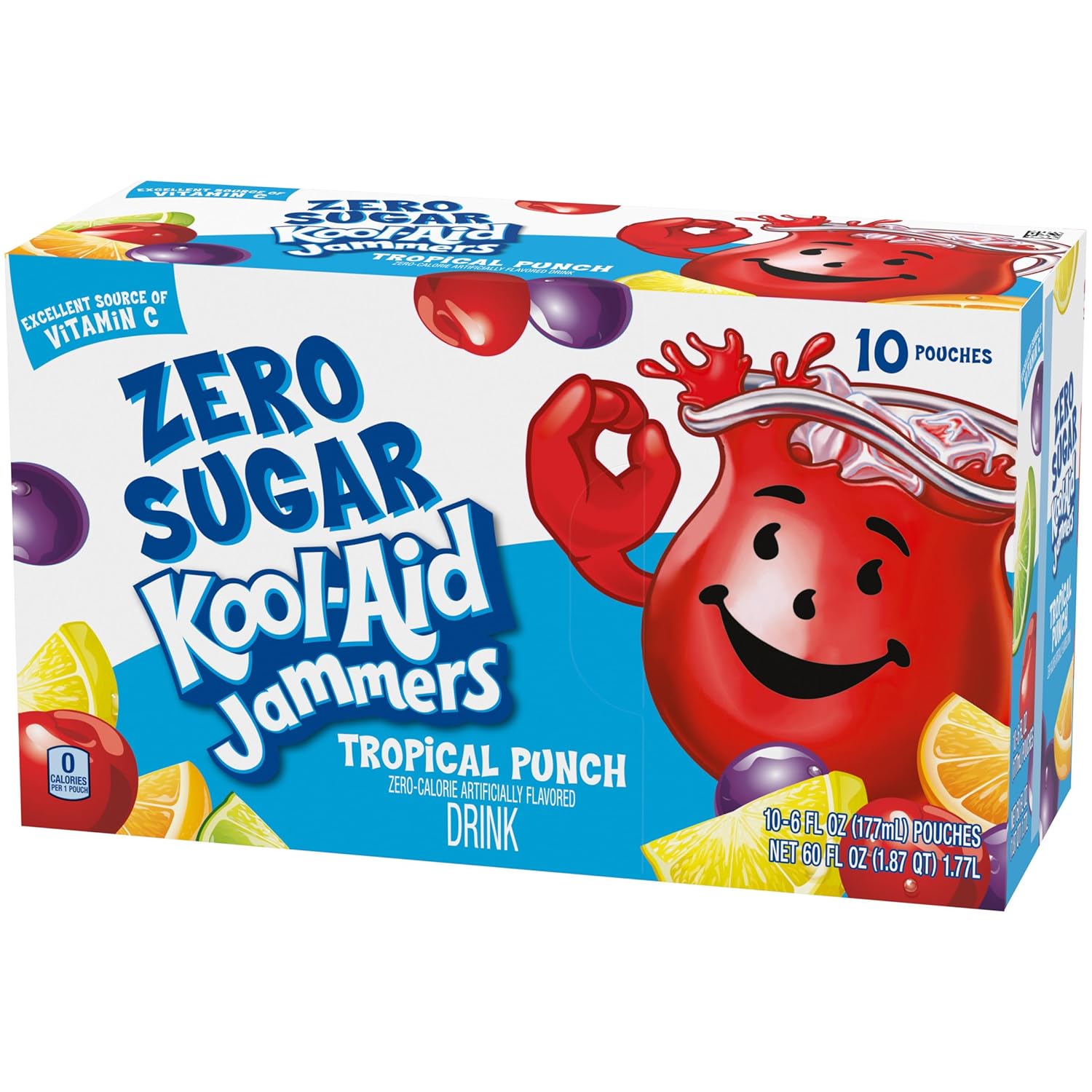 Kool-Aid Jammers Tropical Punch Zero Sugar Pouches, 10 ct Box, Spill-Resistant Lunch Drink for School