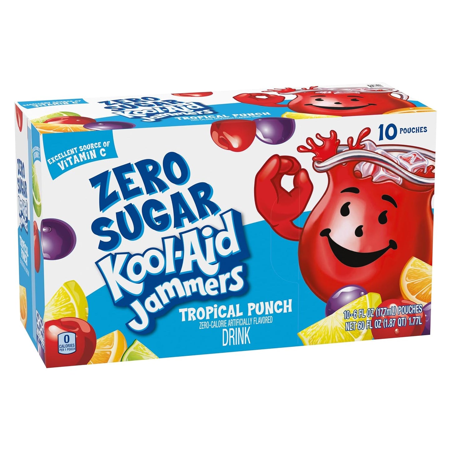 Kool-Aid Jammers Tropical Punch Zero Sugar Pouches, 10 ct Box, Spill-Resistant Lunch Drink for School
