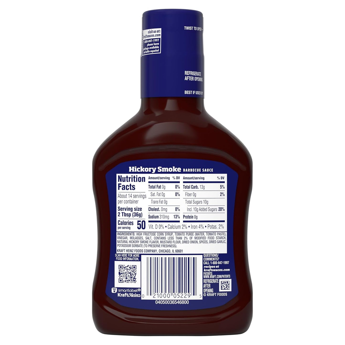 Kraft Hickory Smoke Slow-Simmered Barbecue Sauce, 17.5 oz Bottle – Backyard Grill Glaze for Ribs, Burgers, and Tailgate Cookouts