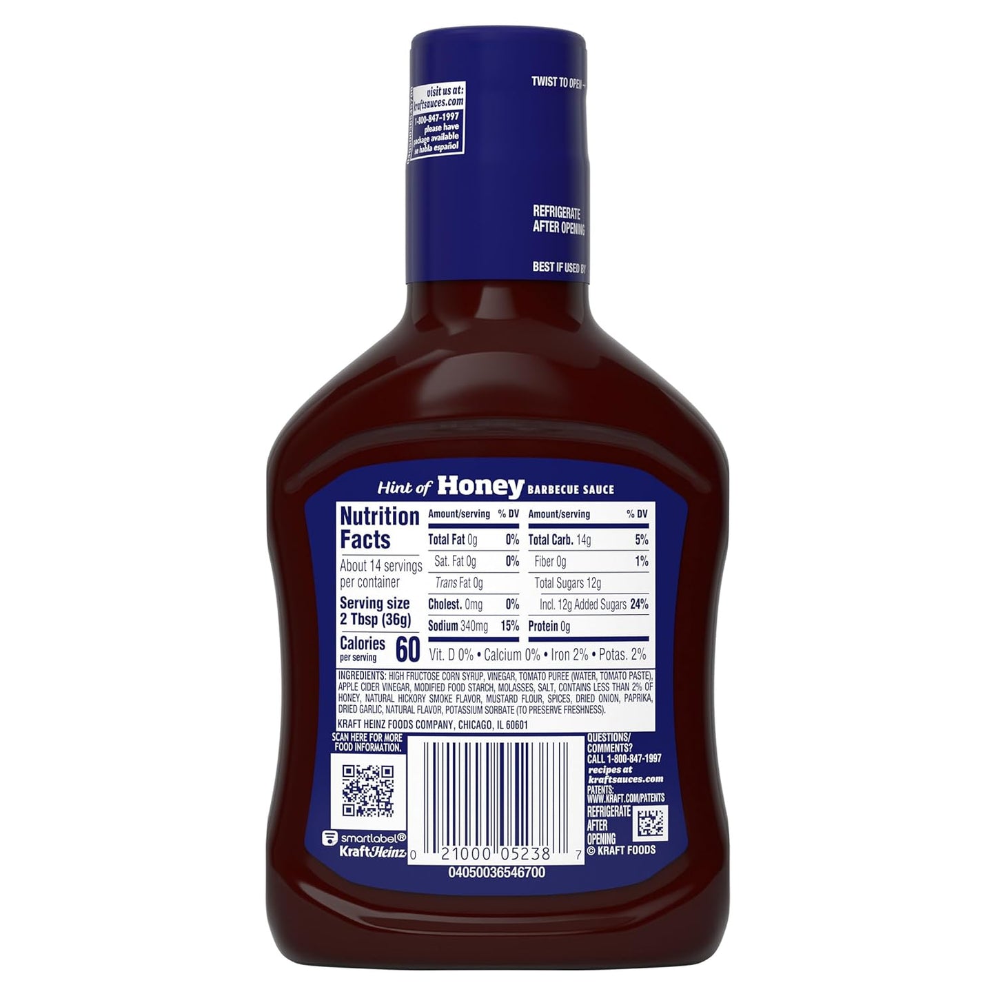 Kraft Hint of Honey Slow-Simmered Barbecue BBQ Sauce 18 oz – Backyard Grill Glaze for Ribs, Chicken and Brisket