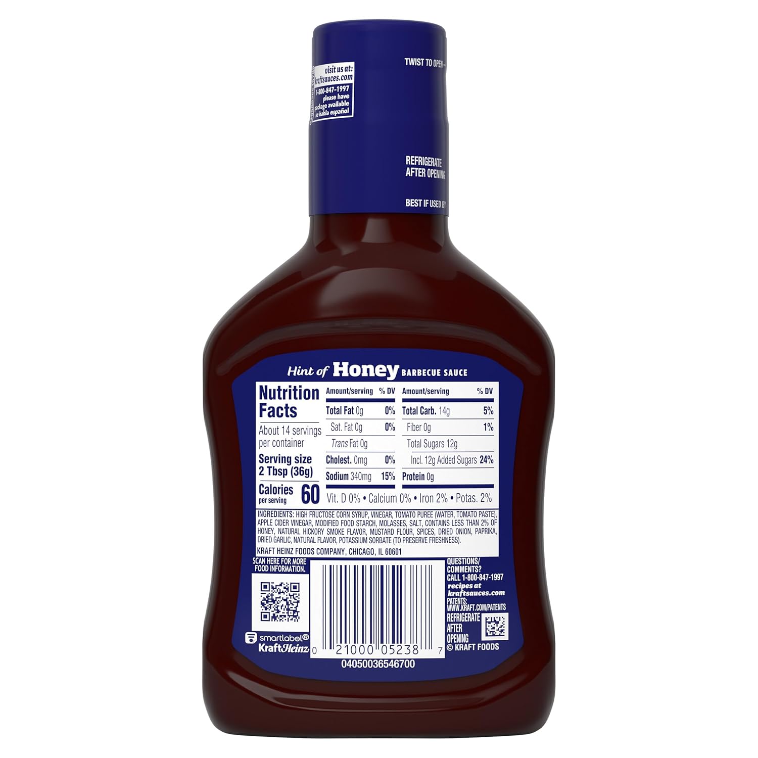 Kraft Hint of Honey Slow-Simmered Barbecue BBQ Sauce 18 oz – Backyard Grill Glaze for Ribs, Chicken and Brisket