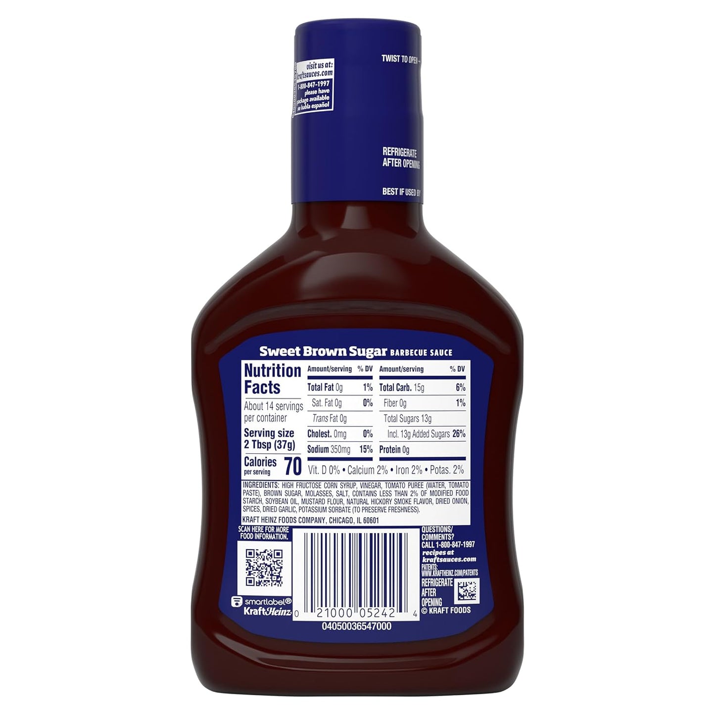 Kraft Sweet Brown Sugar Slow-Simmered Barbecue Sauce, 18 oz Squeeze Bottle for Grilling and Tailgating