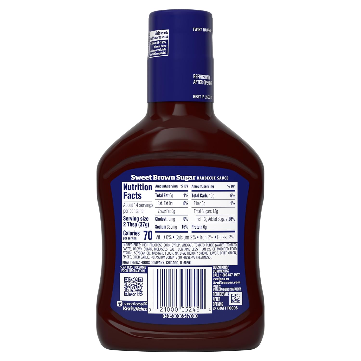 Kraft Sweet Brown Sugar Slow-Simmered Barbecue Sauce, 18 oz Squeeze Bottle for Grilling and Tailgating