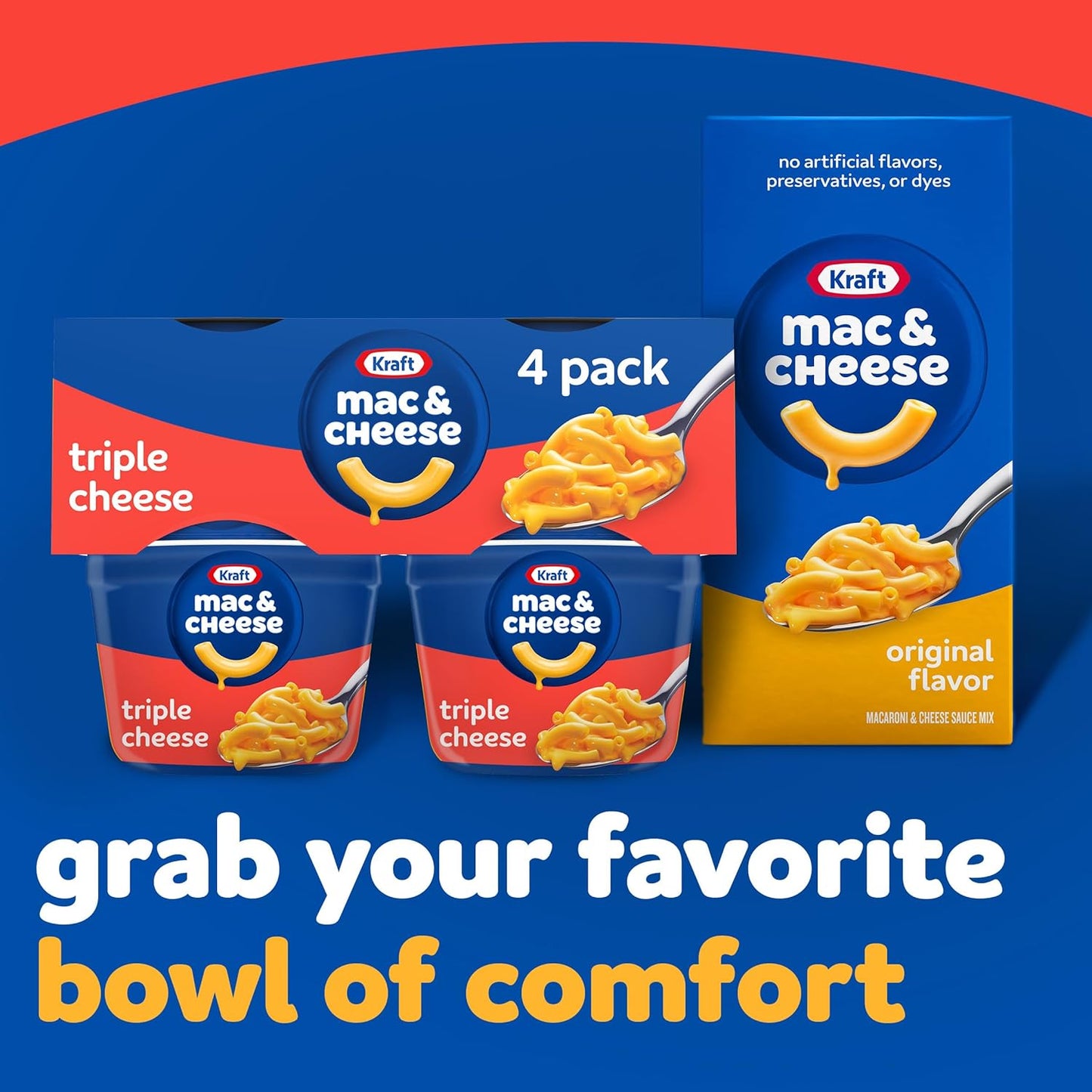 Kraft Triple Cheese Mac & Cheese Microwave Cups – Quick School Lunch Solution for Picky Kids, No Artificial Dyes
