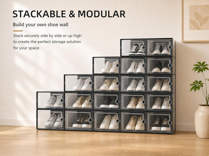 Kuject Stackable Clear Shoe Boxes 12 Pack — Nursery and Kids Room Floor-Friendly Storage System