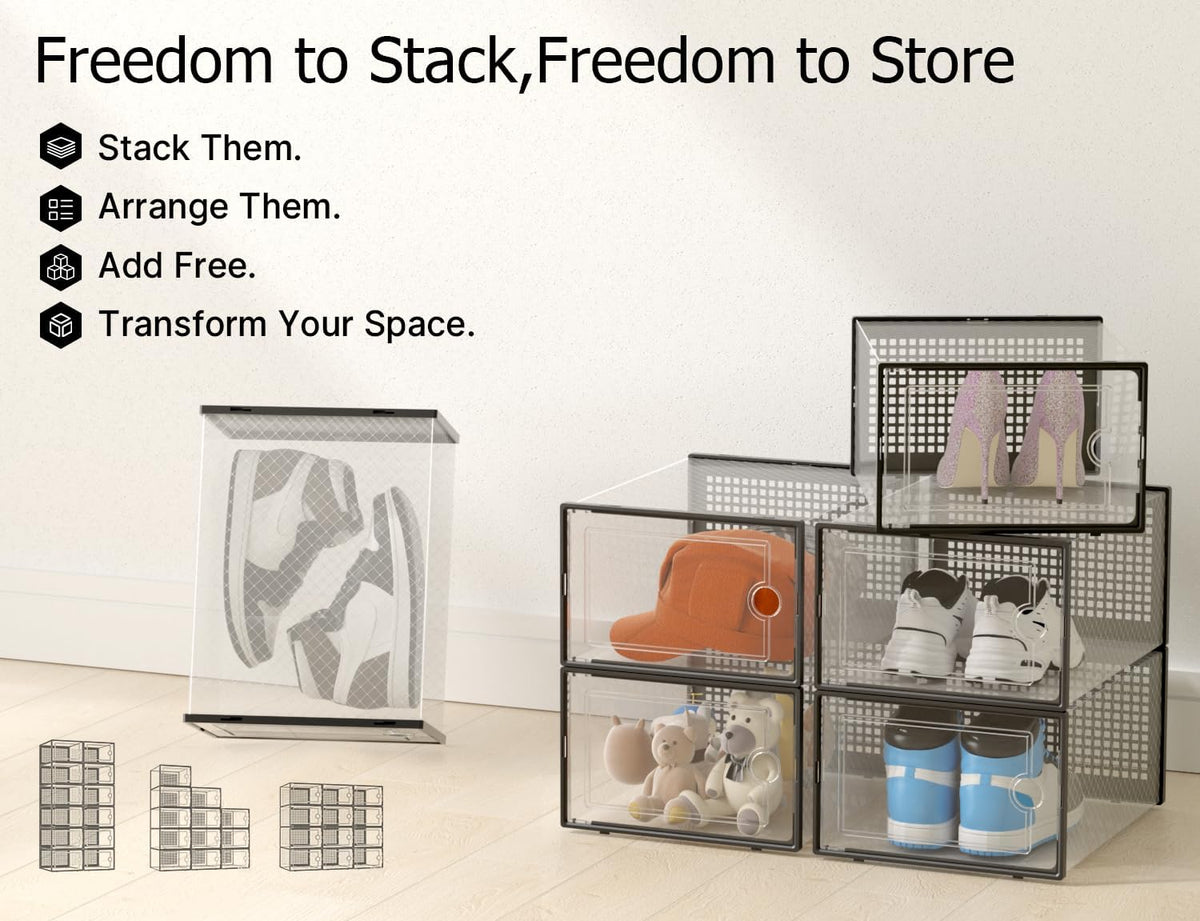 Kuject Stackable Clear Shoe Boxes 12 Pack — Nursery and Kids Room Floor-Friendly Storage System