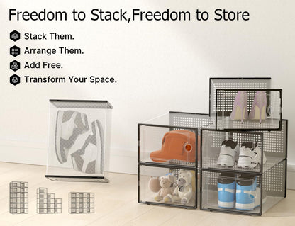 Kuject Stackable Clear Shoe Boxes 12 Pack — Nursery and Kids Room Floor-Friendly Storage System