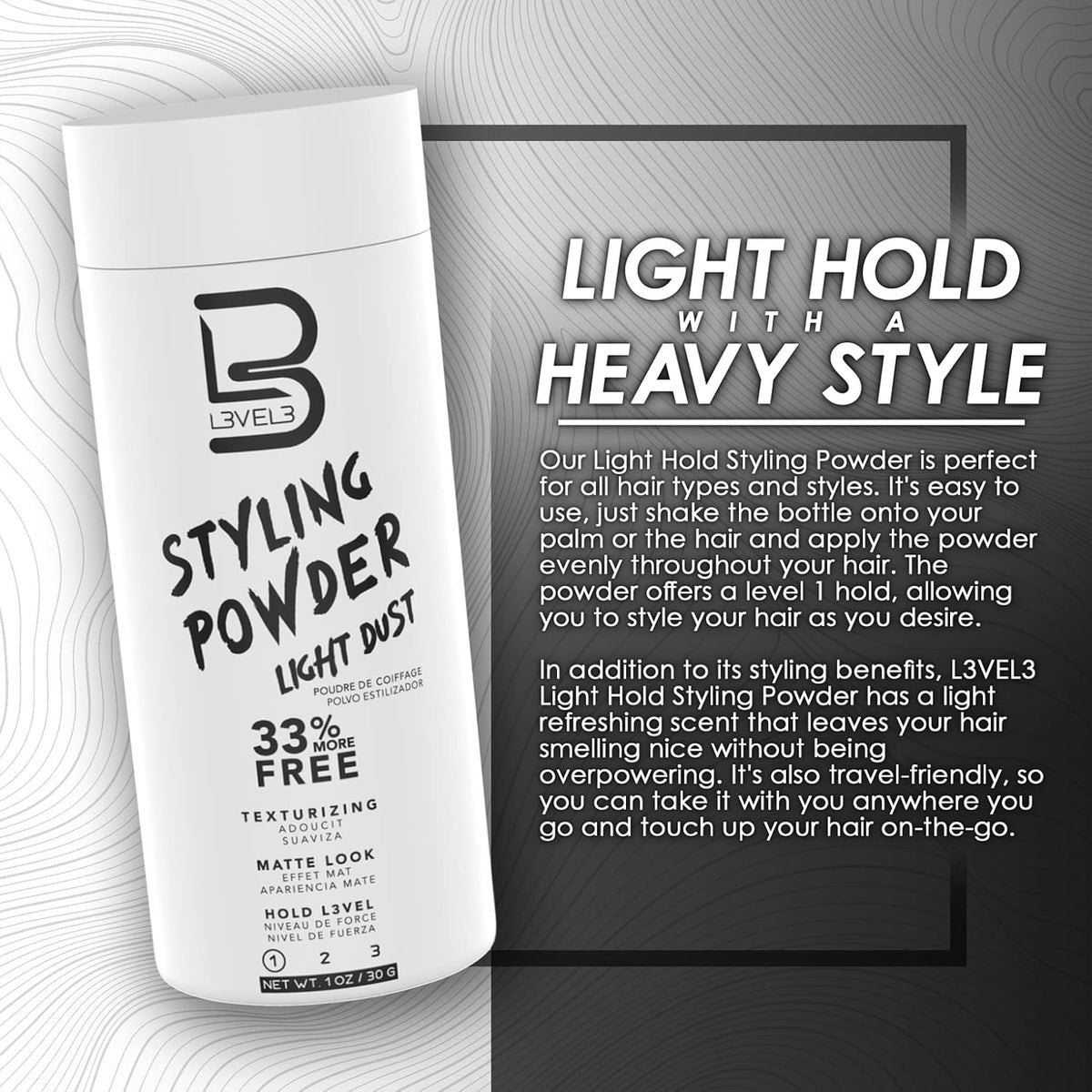 L3 Level 3 Light Hold Styling Powder – Housewarming Gift for the Style-Conscious Guy, 30 g Buildable Volume Powder