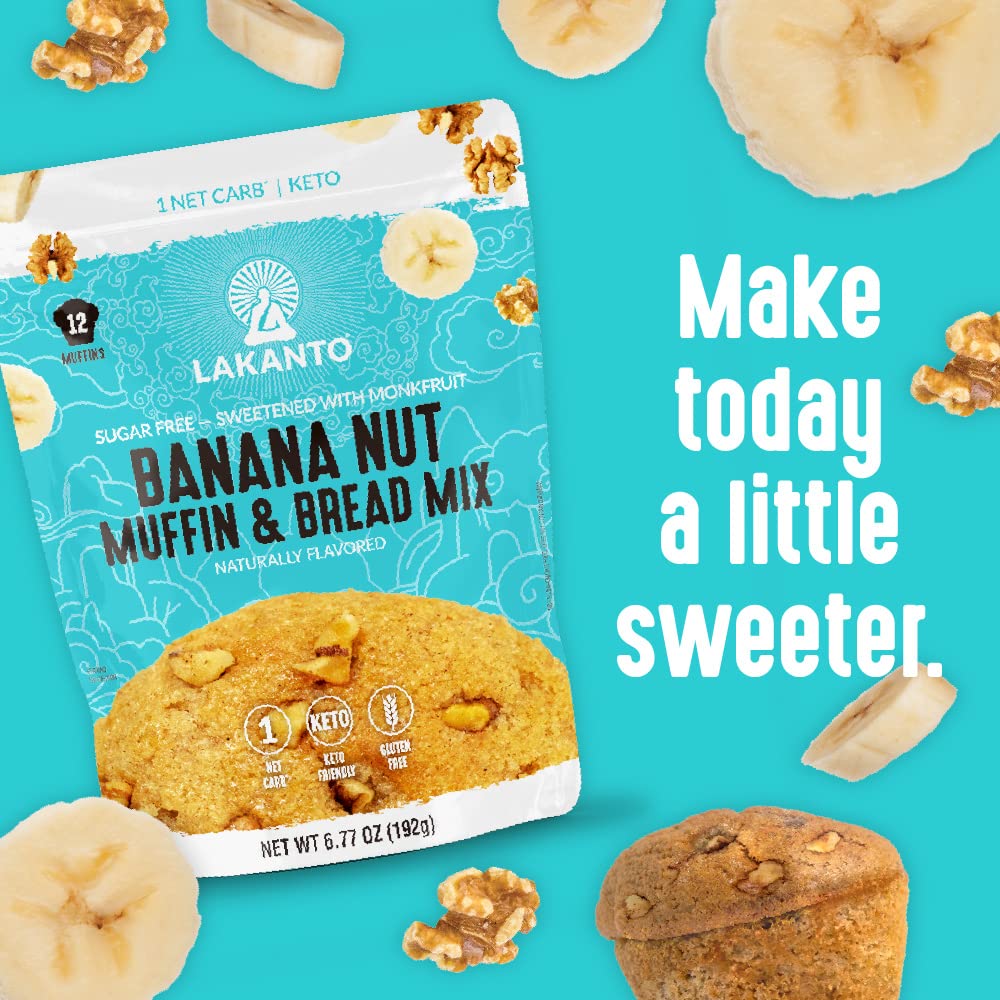 Lakanto Sugar Free Banana Nut Muffin and Bread Mix - One Box Twelve Muffins or One Loav for Clutter Free Pantry