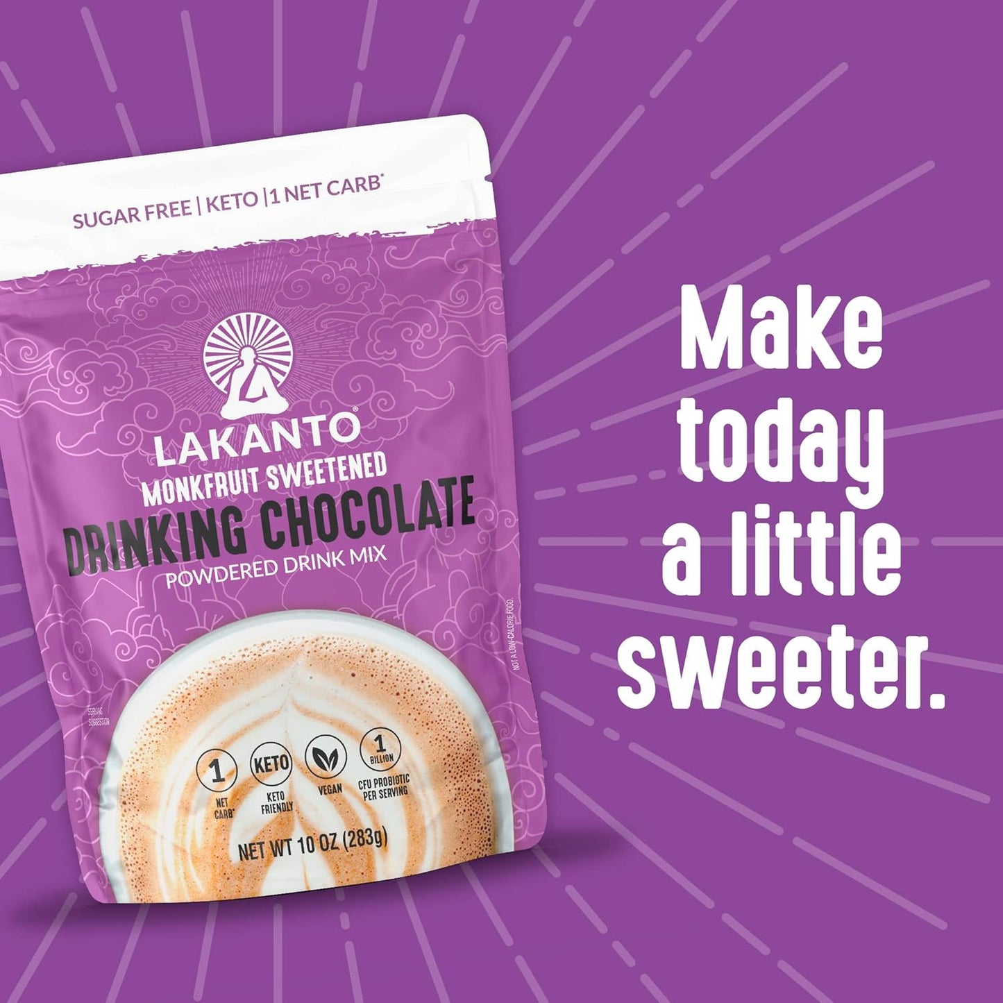 Lakanto Sugar Free Drinking Chocolate - Single-Ingredient Lifestyle Cocoa for Clutter-Free Pantries, Monk Fruit Sweetened, 10 oz Pouch