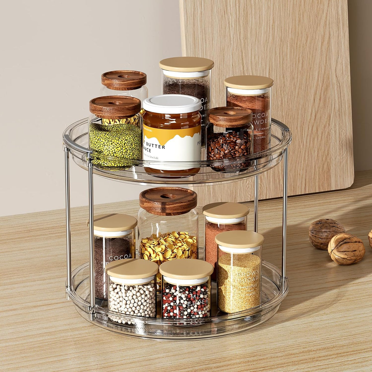 LAMU 2 Tier Clear Lazy Susan 12'' Crystal Look Rotating Organizer for Bright Pantry Styling and Polished Vanity Counters