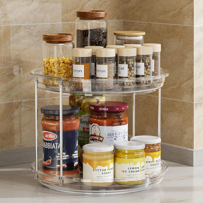 LAMU 2 Tier Clear Lazy Susan 12'' Crystal Look Rotating Organizer for Bright Pantry Styling and Polished Vanity Counters