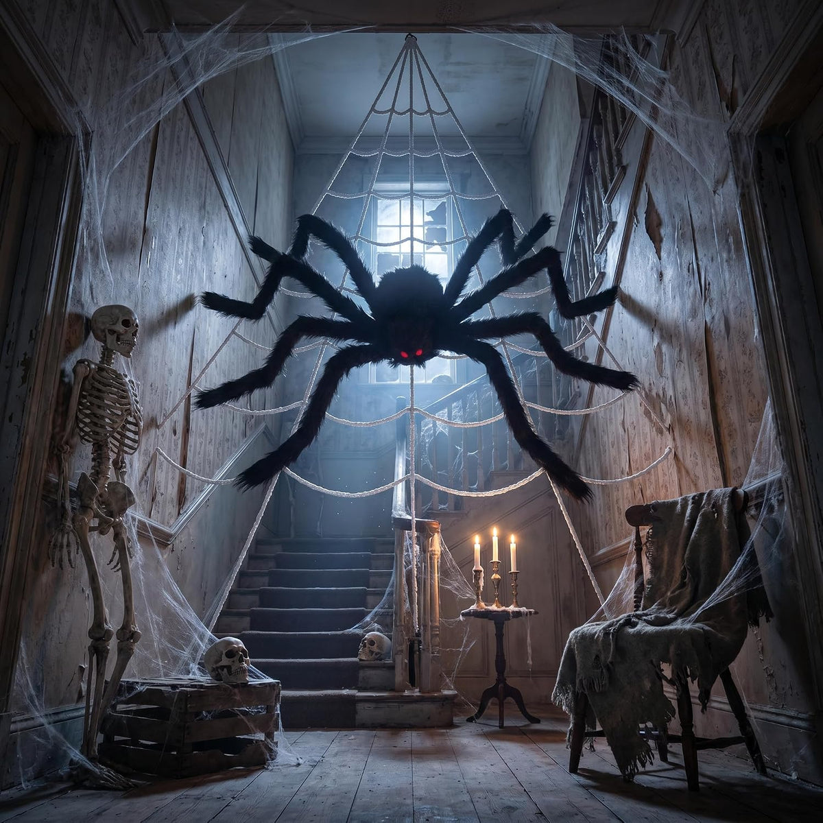 Land Guard Easy-Install Spider Web and Spider Halloween Set for Busy Parents Decorating Yards, Garages, and Kids' Party Spaces