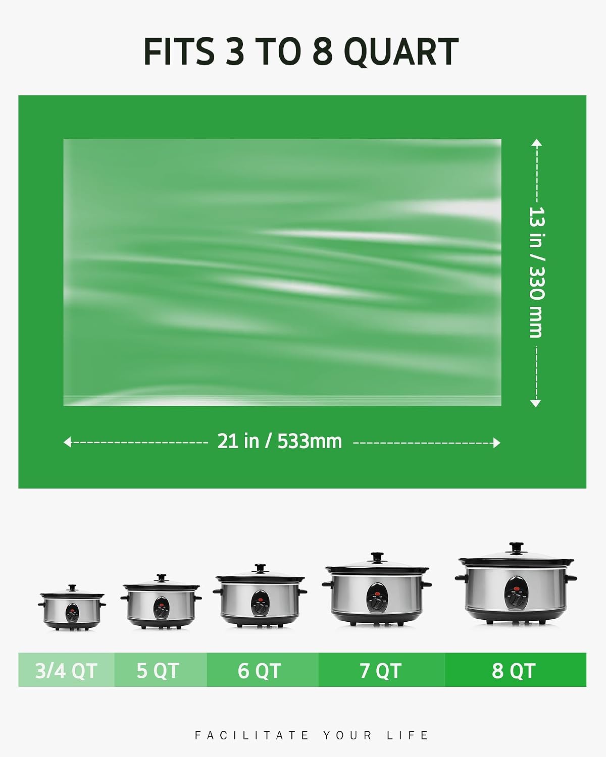 large 13" x 21" size that fits 3qt to 8qt slow cooker pots