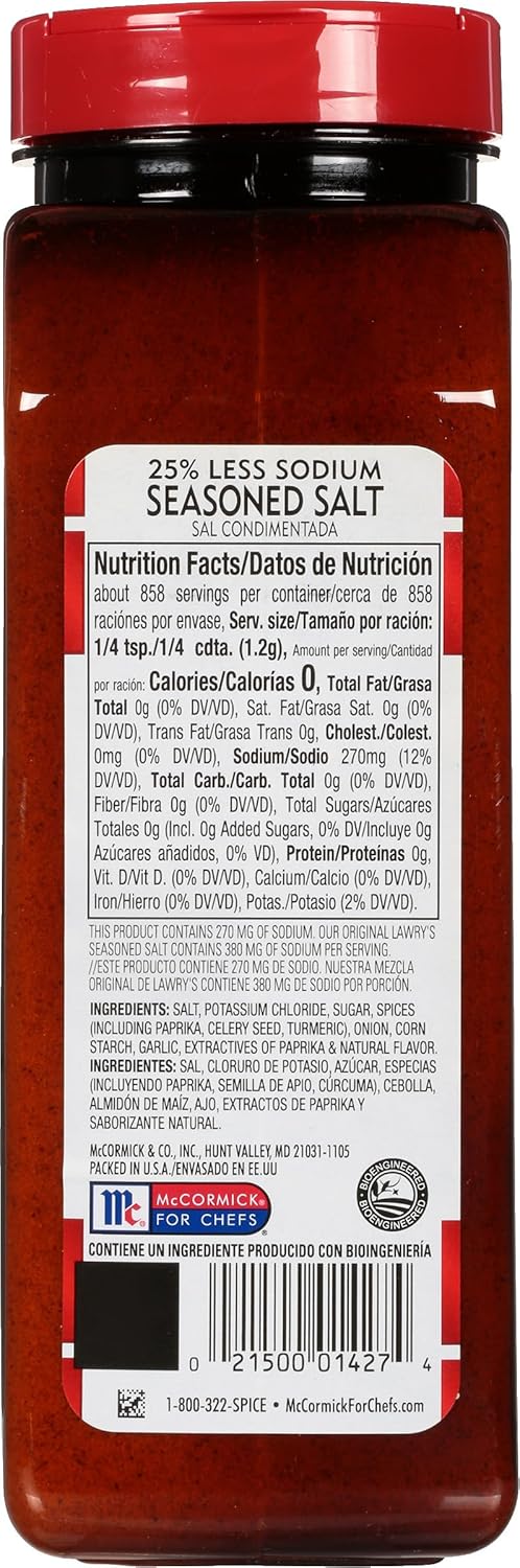 Lawry's 25% Less Sodium Seasoned Salt – Wellness Pantry Staple for Low-Sodium Lifestyles, Vegetables and Lean Proteins