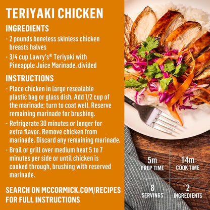 Lawry's Teriyaki With Pineapple Juice Marinade – Keto-Friendly Teriyaki Marinade for Low-Carb Lifestyles, 12 fl oz