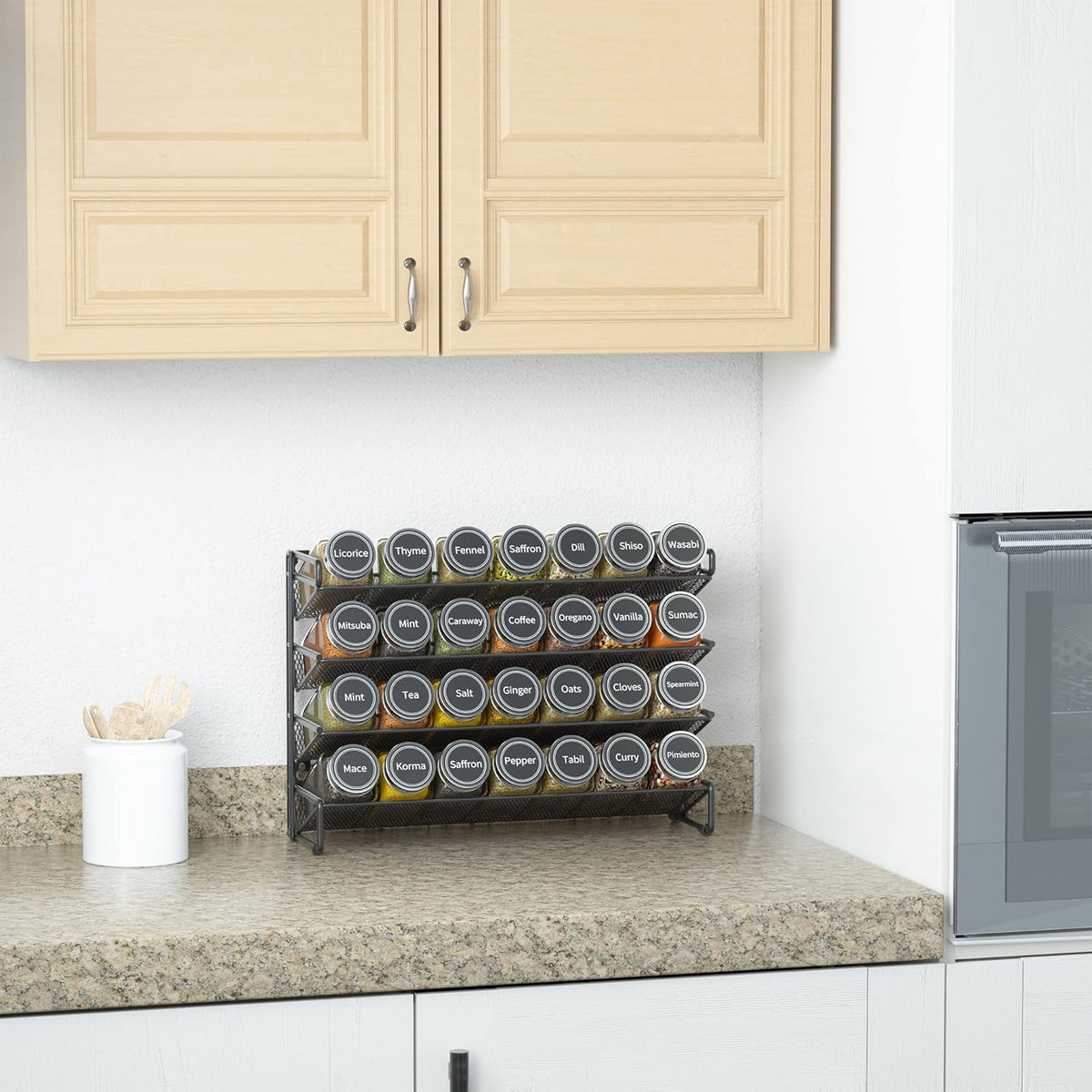 lead-free square glass jars with dual sift-and-pour lids and airtight metal caps (available in 20, 21, 24, 28, 32, or 36 jar configurations)
