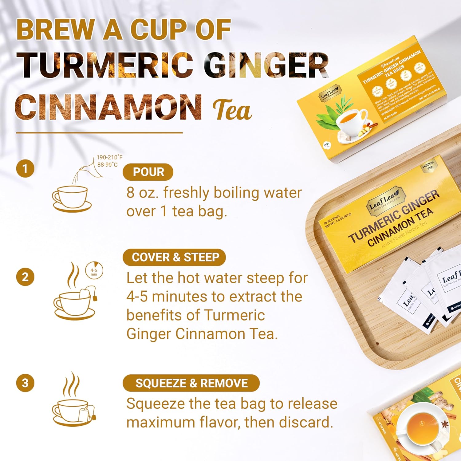 LeafLea 40 Turmeric Ginger Cinnamon Tea Bags – Elegant Wellness Gift for Her, Vegan-Friendly Hostess Present