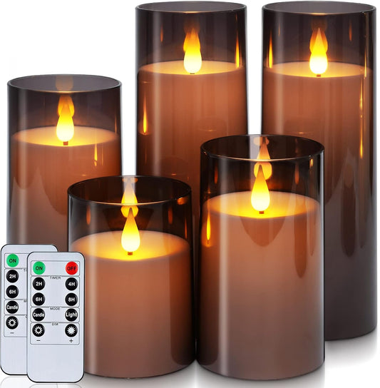 led flicker effect inside transparent acrylic pillar shells (3", 4", 5", 6", 8" heights)