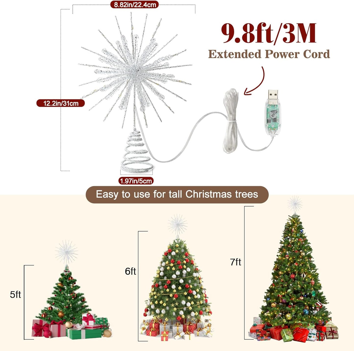 Lewondr Snowflake Tree Topper – Child Safe Christmas Tree Light, Cool LED Xmas Topper for Family Living Room and Nursery