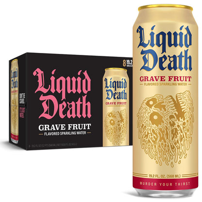 Liquid Death Soda-Flavored Sparkling Water - Grave Fruit (Grapefruit Flavor), Less Sugar*, Huge Flavor, No Caffeine, No Artificial Sweeteners, King Size 19.2 Fl Oz (Pack of 8)