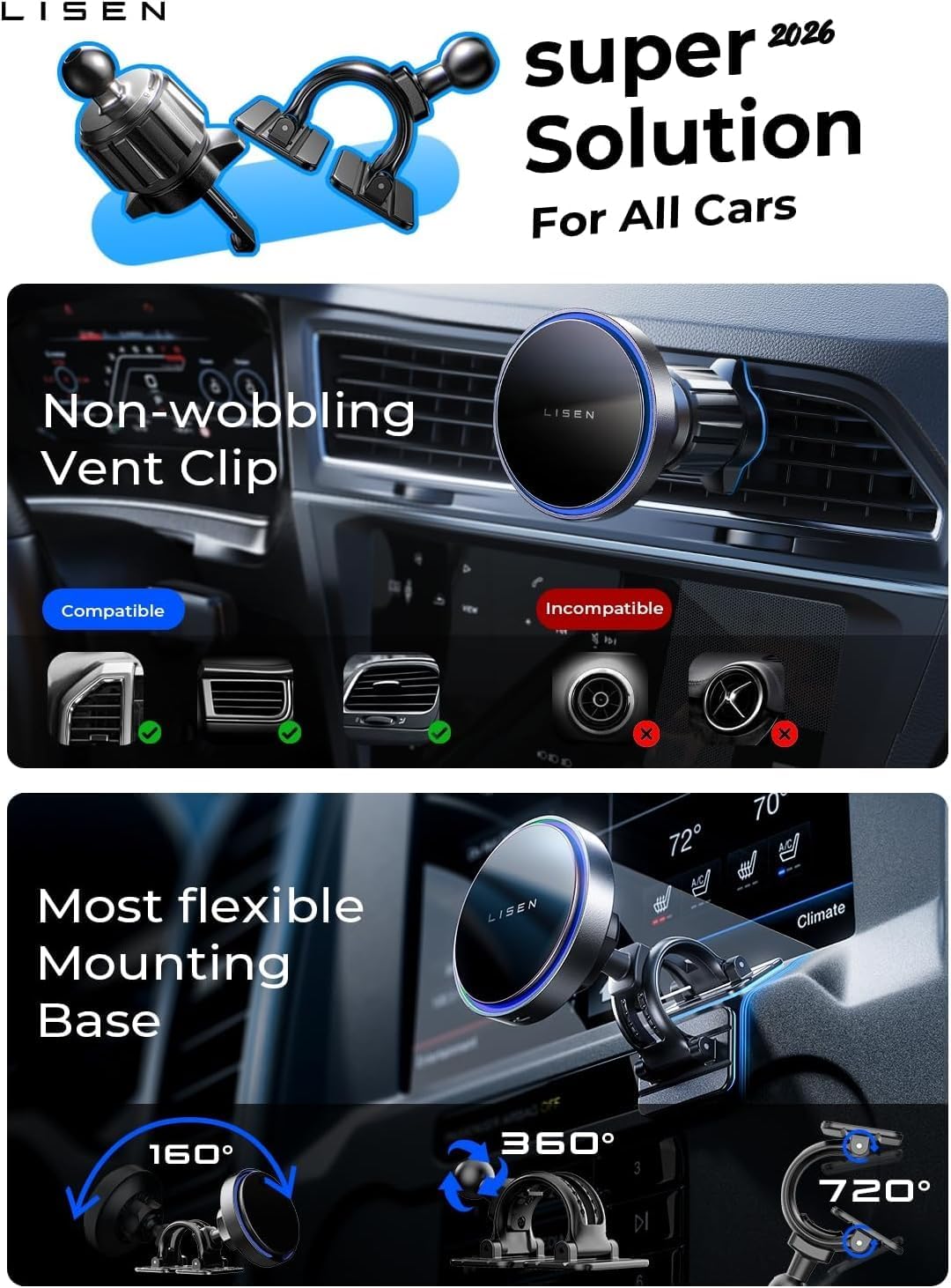LISEN 15W MagSafe Car Mount Charger – Rideshare Driver Productivity Essential, Hands-Free Phone Holder for Delivery Routes