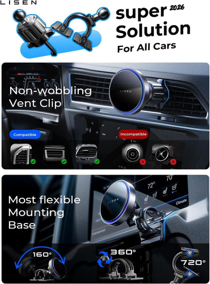 LISEN 15W MagSafe Car Mount Charger – Rideshare Driver Productivity Essential, Hands-Free Phone Holder for Delivery Routes