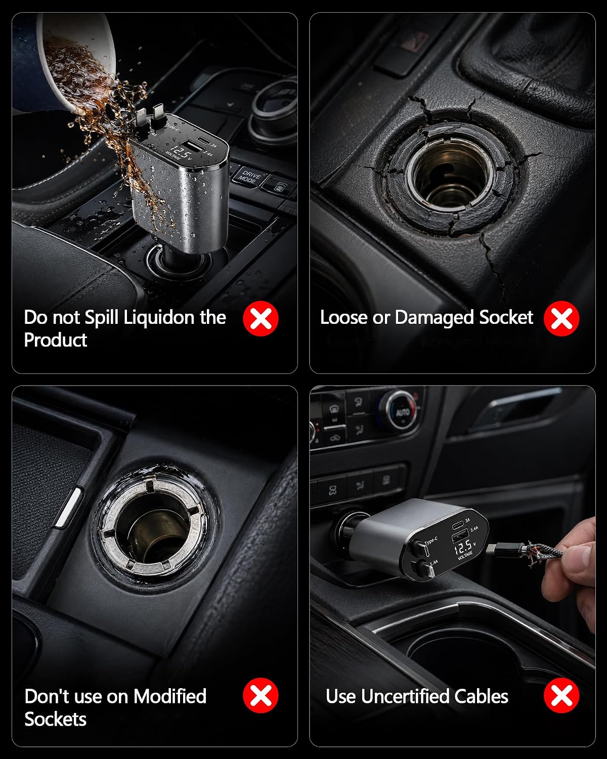 LISEN Retractable Car Charger 4 in 1 – Road Trip and Camping SUV Charger for Charging Four Devices at Once in Any Vehicle