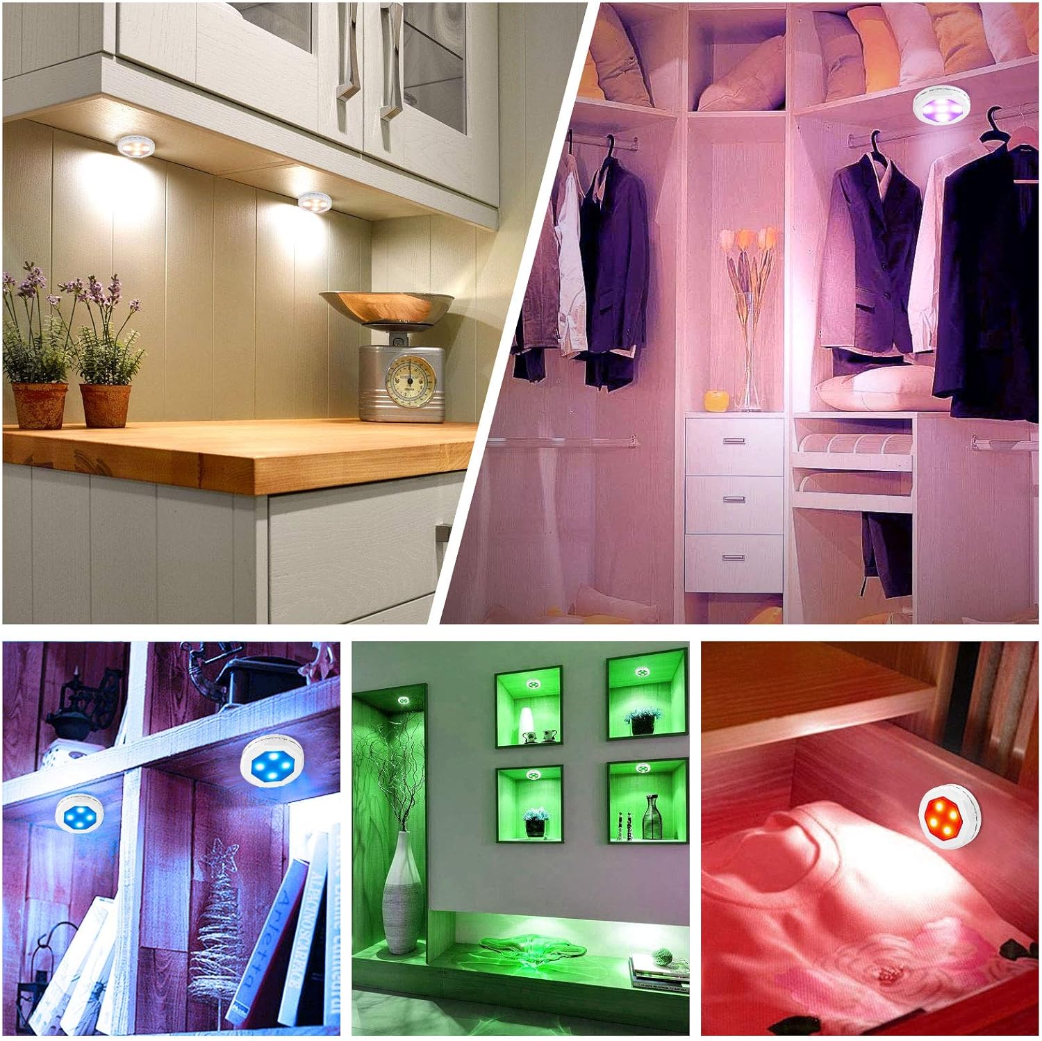 Litake Minimalist LED Puck Lights 3-Pack, Clean Round Stick On Lighting for Uncluttered Kitchen Under Cabinet and Halloween Touch