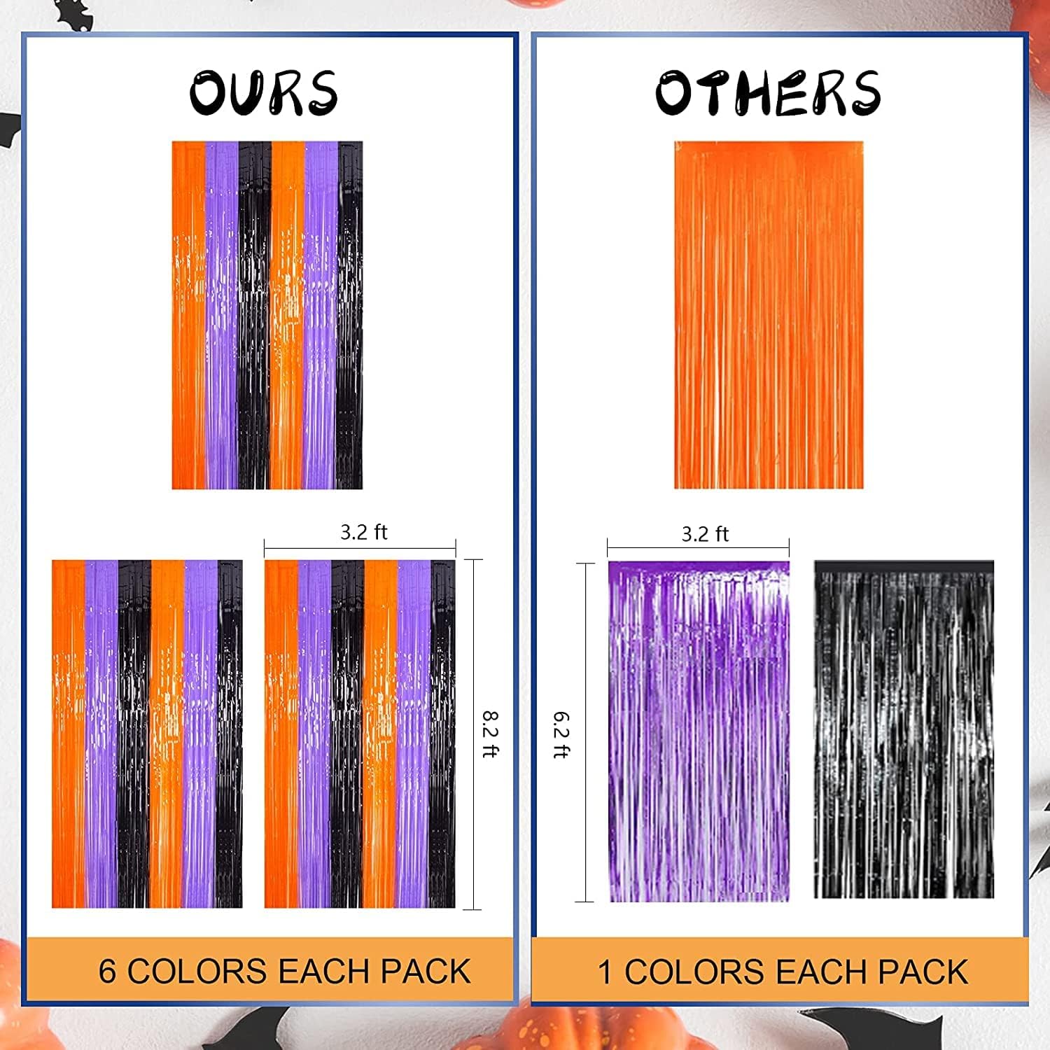 LOLStar Halloween Tinsel Fringe Curtain – Living Room Wall Backdrop Decor, 3.3 x 6.6 ft Orange Purple Black Foil Streamer