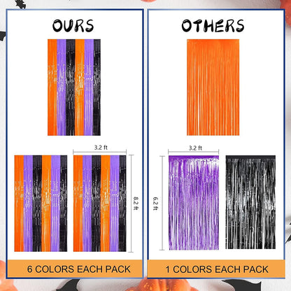 LOLStar Halloween Tinsel Fringe Curtain – Living Room Wall Backdrop Decor, 3.3 x 6.6 ft Orange Purple Black Foil Streamer