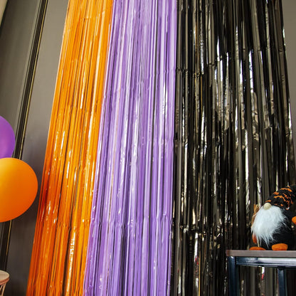 LOLStar Halloween Tinsel Fringe Curtain – Living Room Wall Backdrop Decor, 3.3 x 6.6 ft Orange Purple Black Foil Streamer