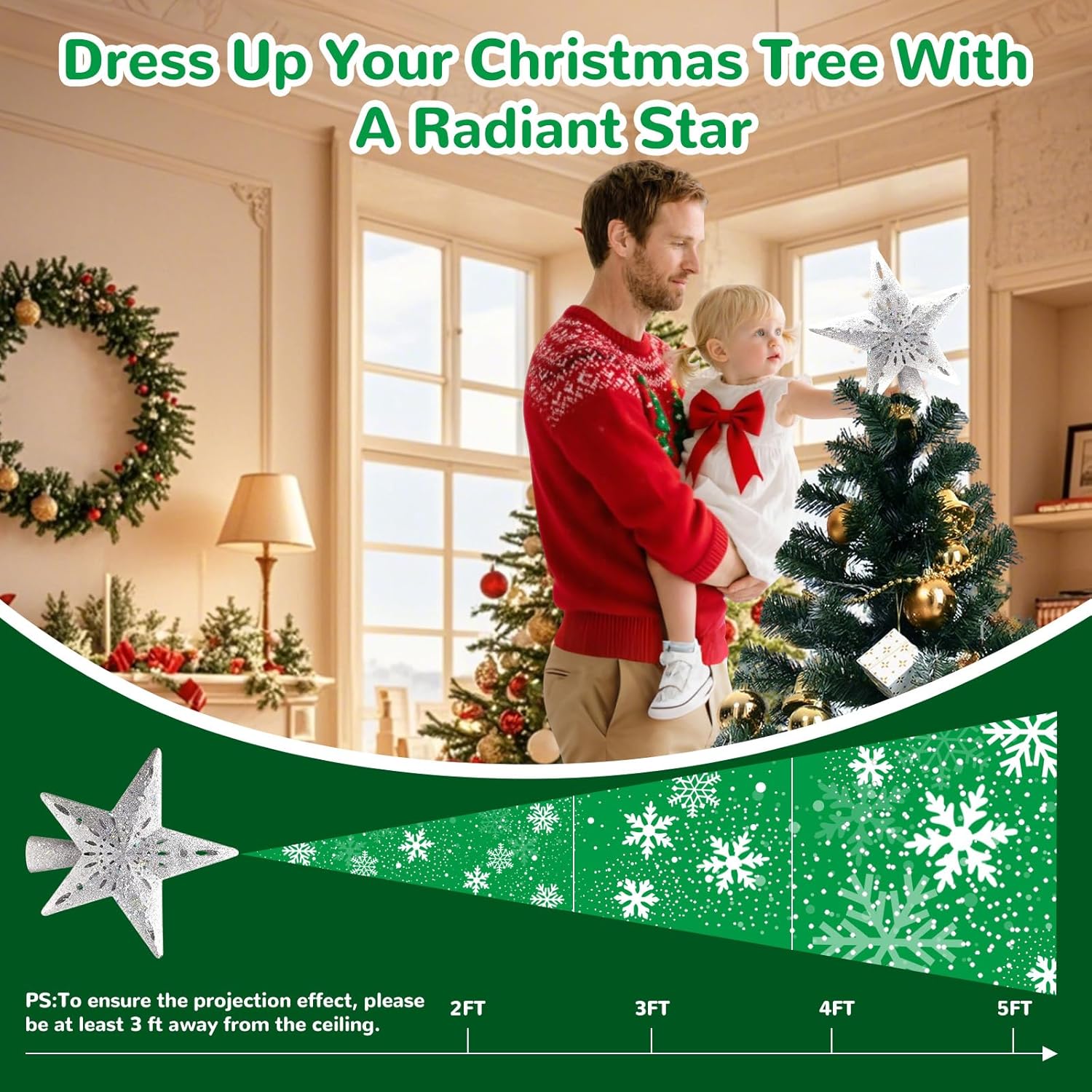 Lumabelle 3D Glitter Star Tree Topper – Safe No-Flame Holiday Decor for Children's Bedroom and Family Christmas Setup
