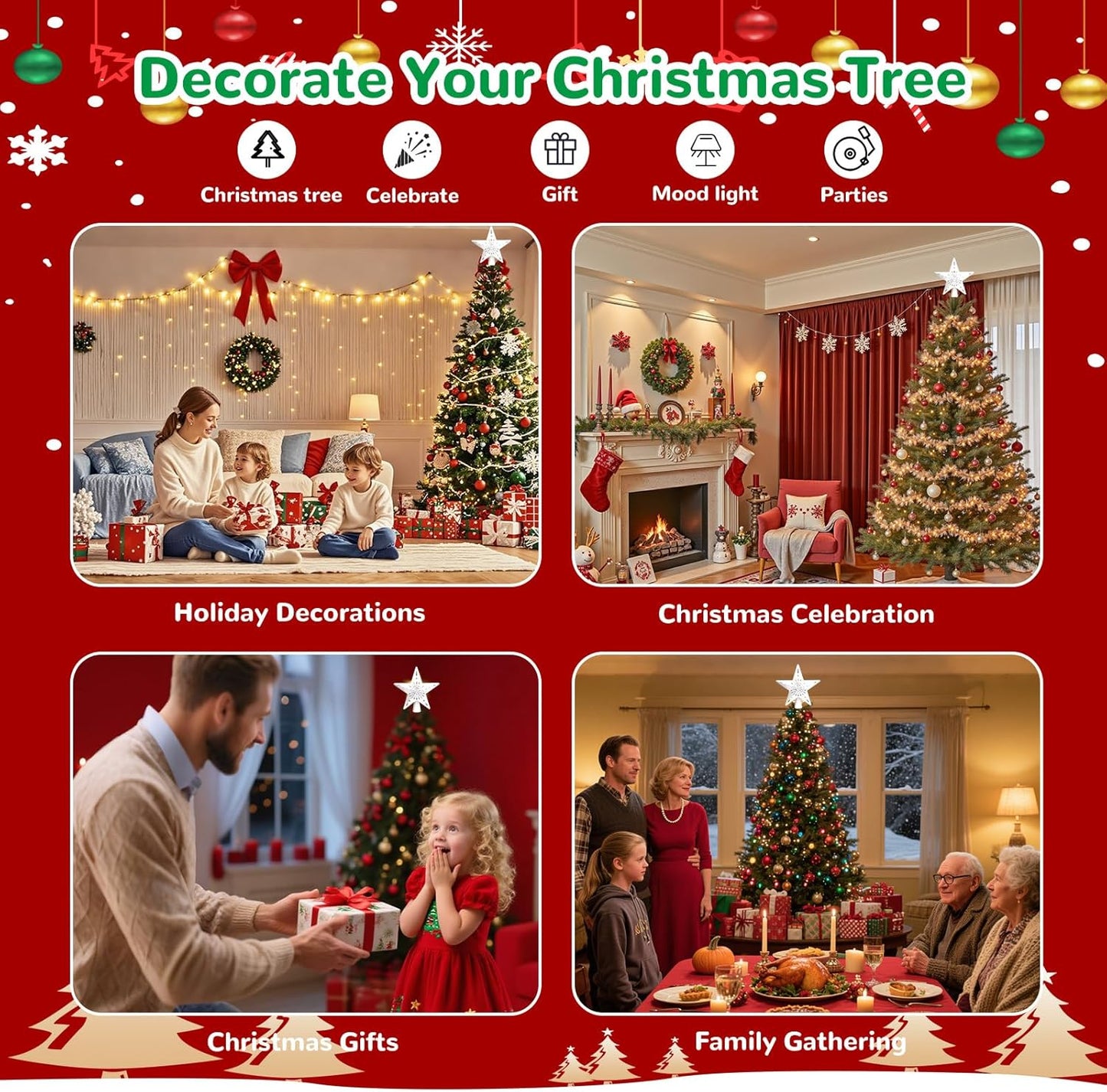 Lumabelle 3D Glitter Star Tree Topper – Safe No-Flame Holiday Decor for Children's Bedroom and Family Christmas Setup