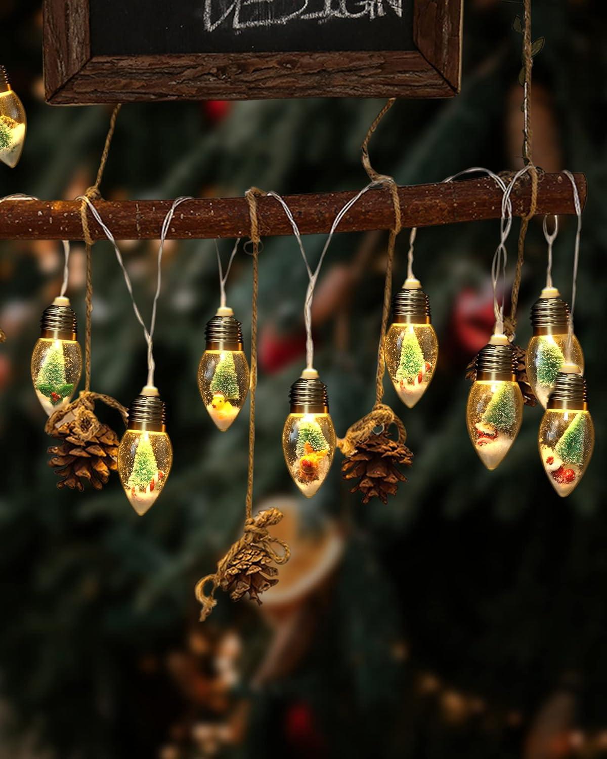 LumaGlow Snow Globe String Lights – Decorative Fireplace Mantel and Bedroom Ambient Lighting with Faux Pine and Mini Ornaments
