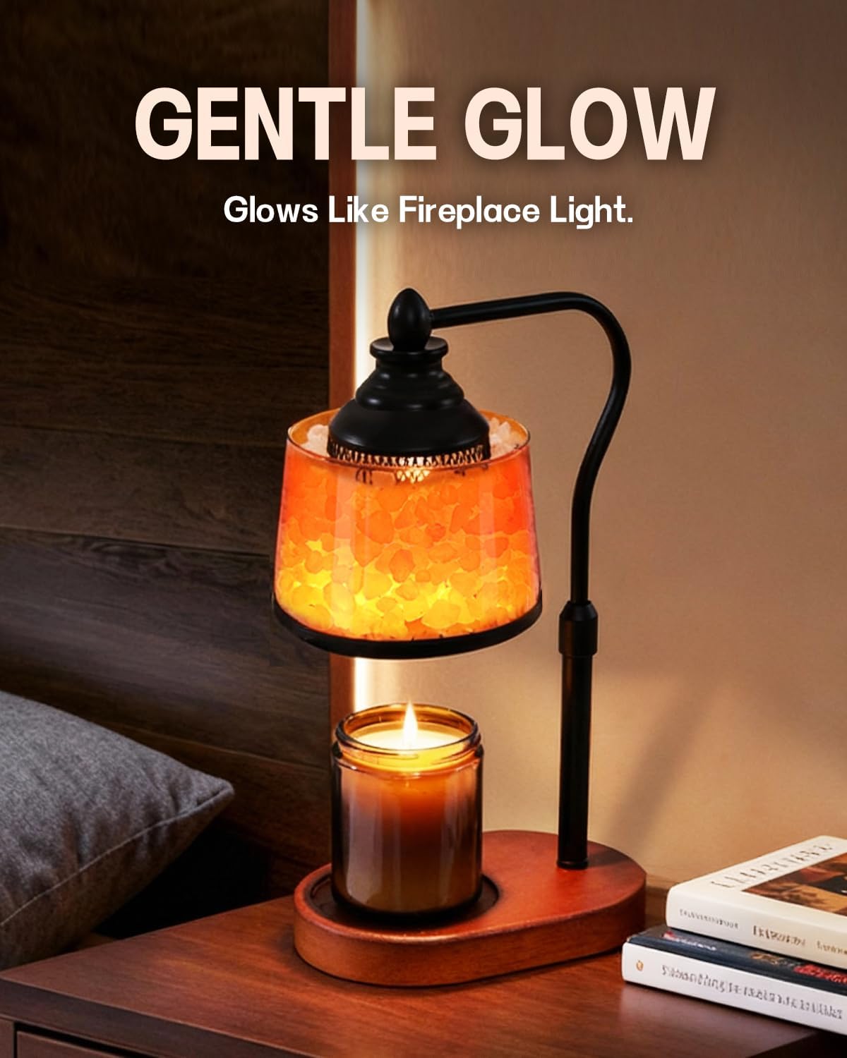 LumaGlow Walnut and Amber Globe Candle Warmer Lamp – Aesthetic Living Room Side Table Accent for Cozy Home Styling
