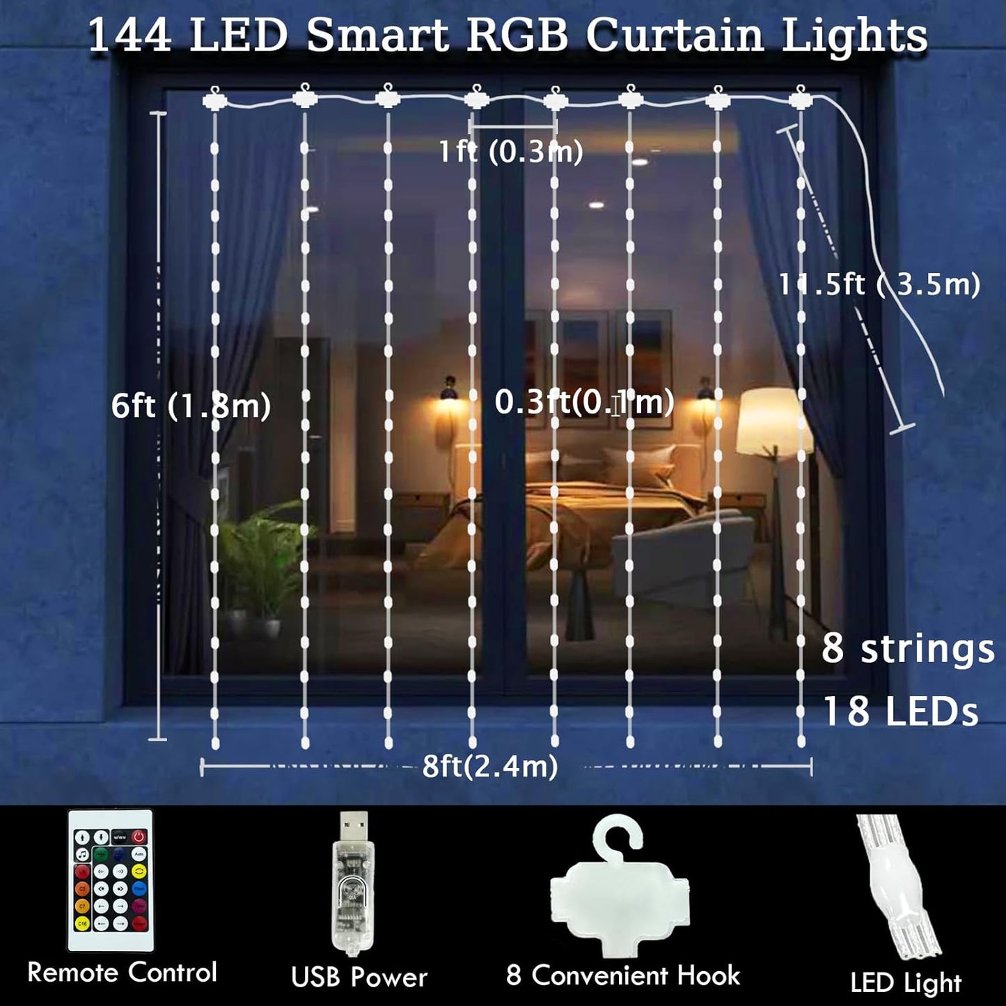 LuminVue Smart Curtain Lights – Cool Touch Safe Bedroom Lighting for Kids Room, Low Voltage USB 8x6ft