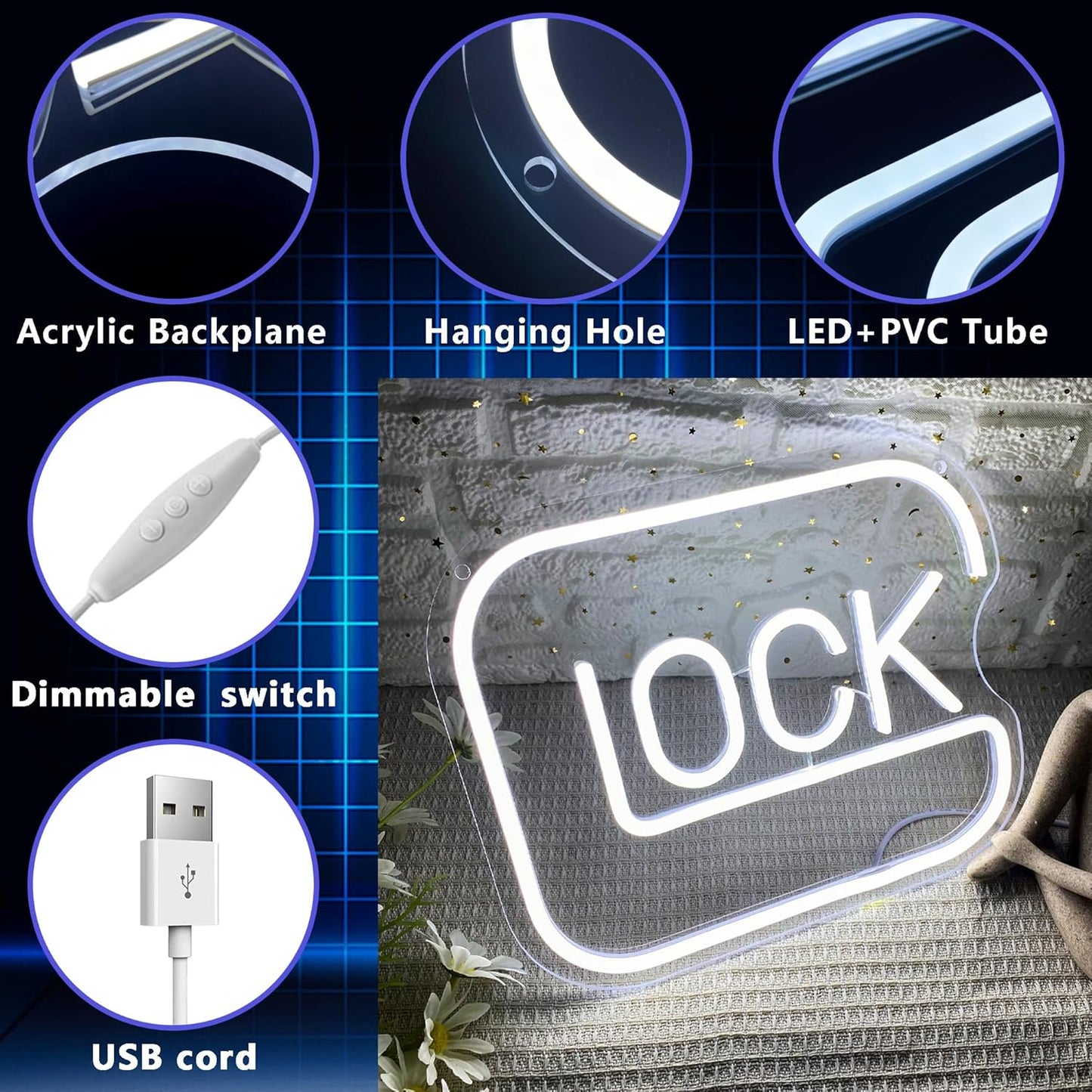 LUMIORA Lock Neon Sign – Minimalist Bedroom Wall Decor, Single Hue LED Sign for Clean Modern Spaces