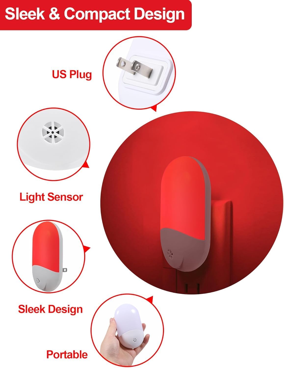 LumiRed Ultra Slim Red Night Light for Clean Modern Bedroom, Dusk to Dawn Auto Sensor 2-Pack
