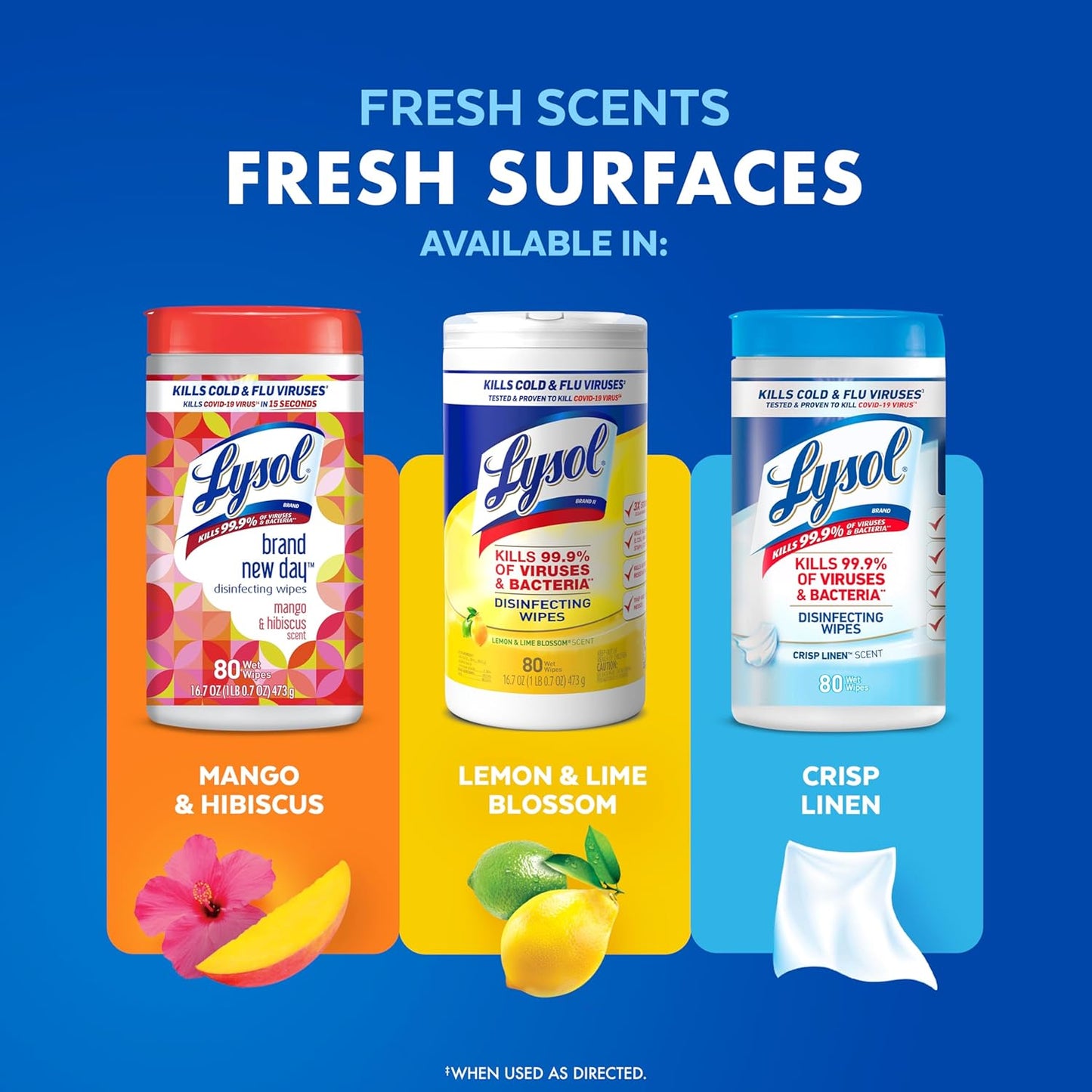 Lysol Disinfectant Wipes, Multi-Surface Antibacterial Cleaning Wipes, Lemon and Lime Blossom, 80 Count (Pack of 3) for Travel and Commuter Use