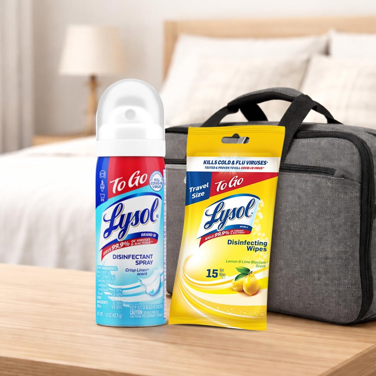 Lysol To Go Bundle - Parent-Approved Travel Disinfectant Spray and Lemon Lime Wipes for School Lunchboxes and Playground Equipment