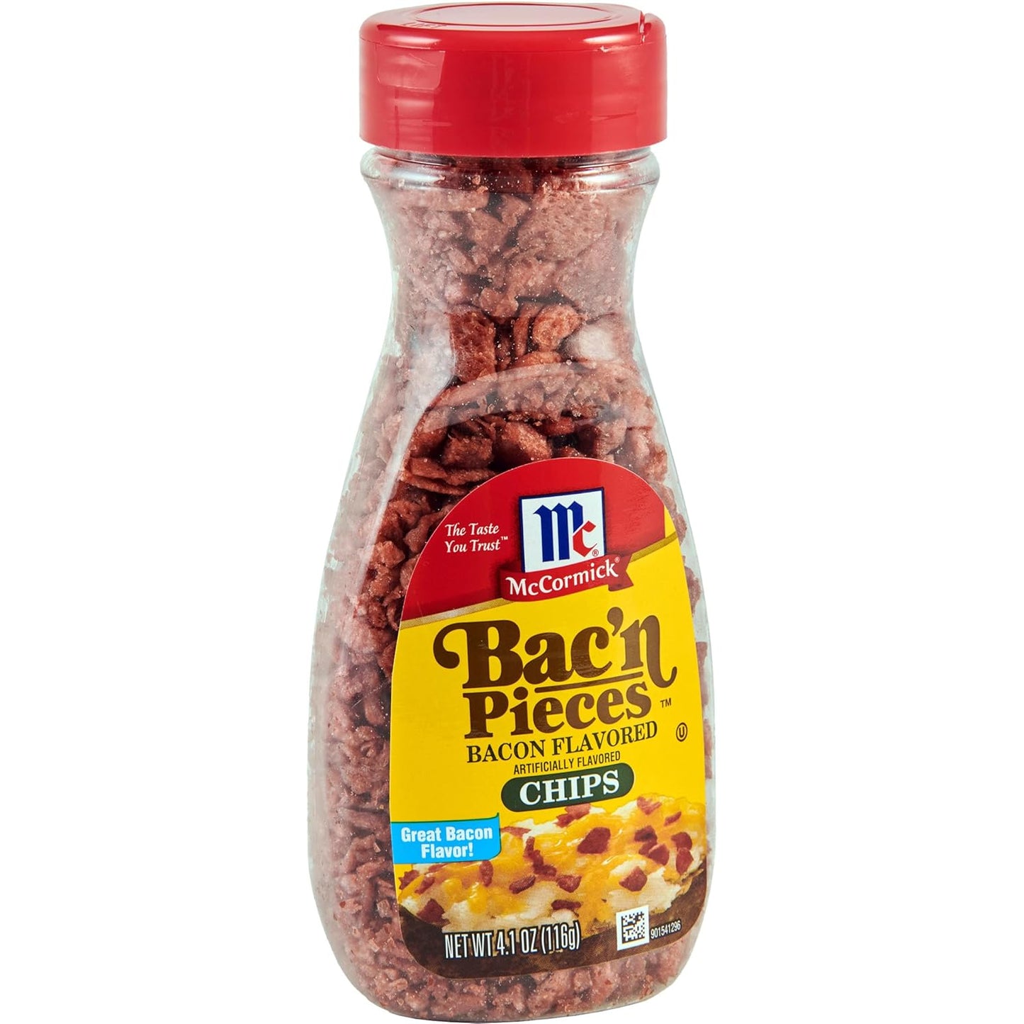 made from textured soy flour flavored and colored to mimic real bacon pieces