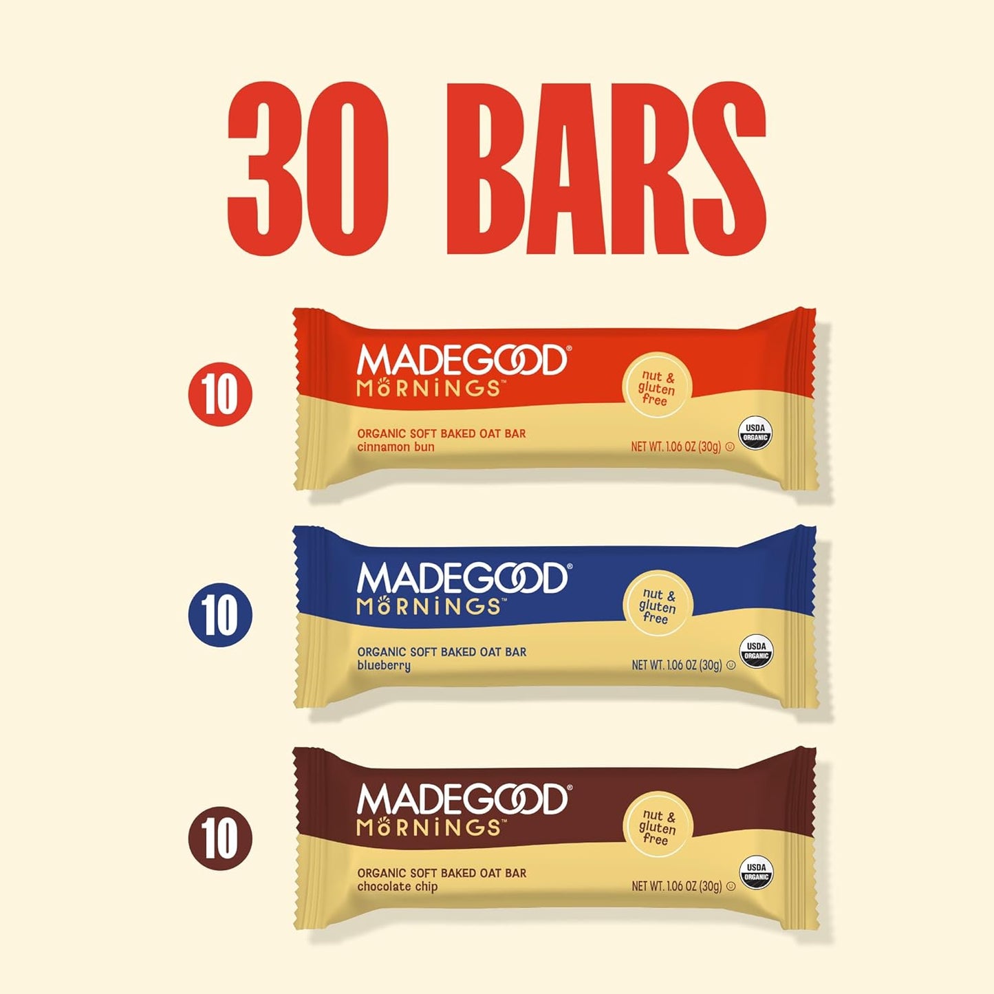 MadeGood Mornings Soft-Baked Oat Bars – Bulk Allergen-Free Bar for Intentional Family Meal Planning, 30 Bars