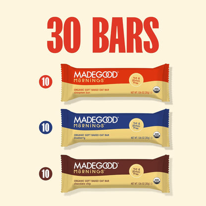 MadeGood Mornings Soft-Baked Oat Bars – Bulk Allergen-Free Bar for Intentional Family Meal Planning, 30 Bars