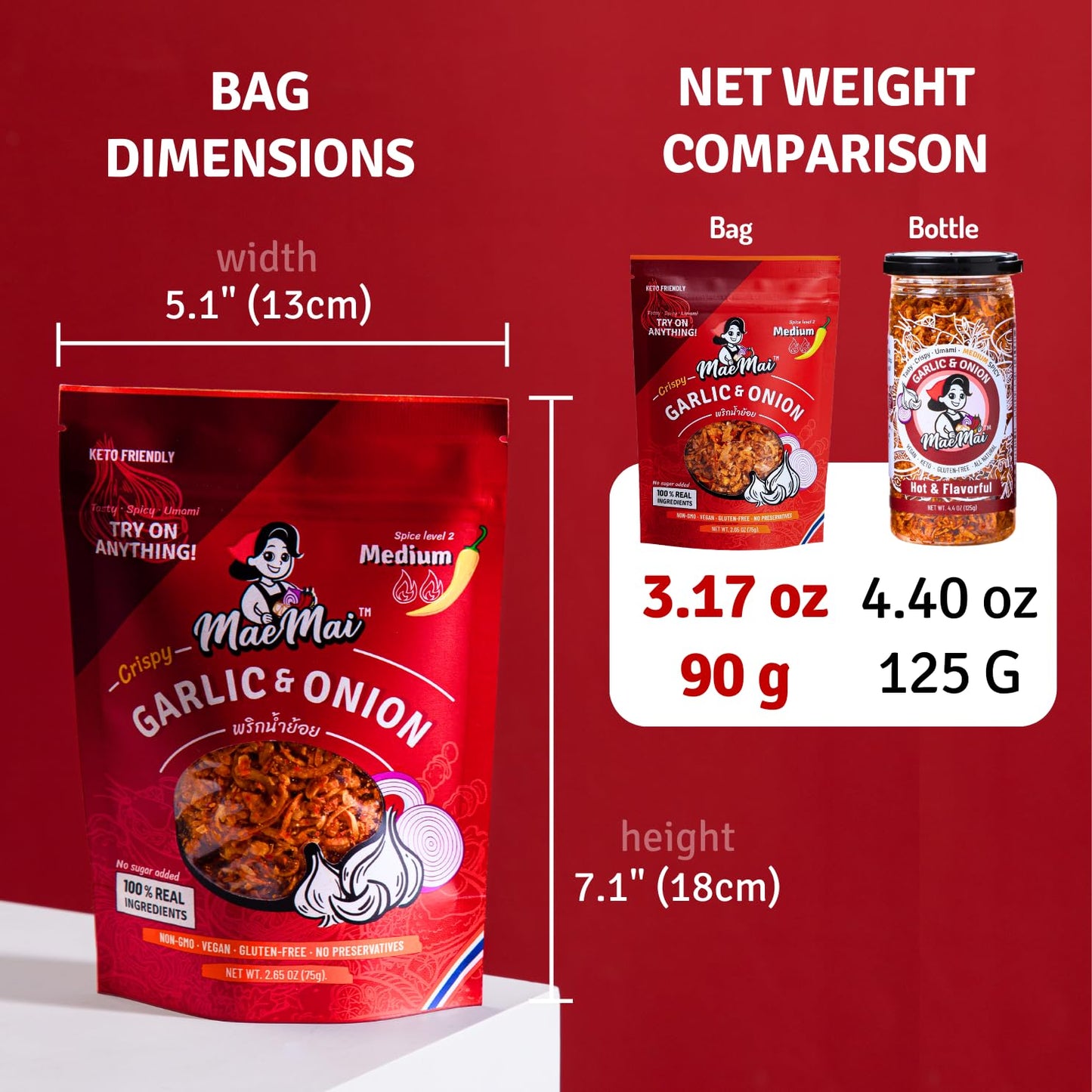 MaeMai Medium Spice Thai Chili Onion & Garlic Crunch - Guilt-Free Umami Seasoning for Wellness-Focused Meal Prep, Low-Carb & Plant-Based