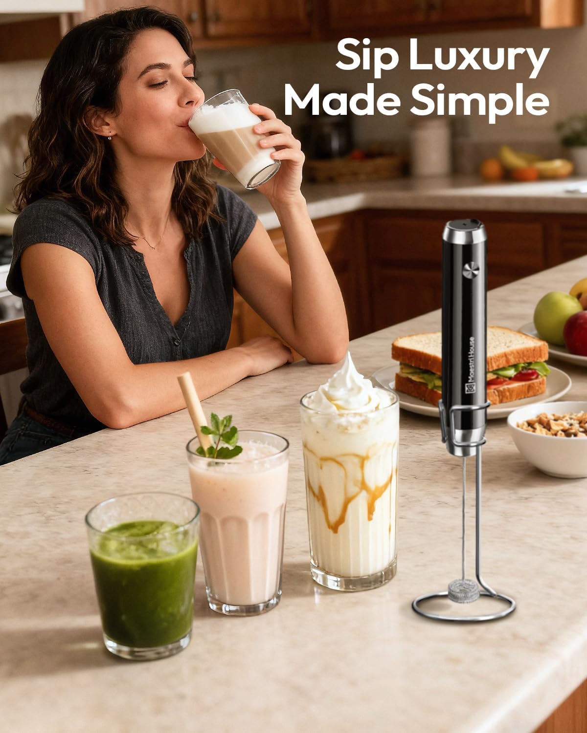 Maestri House LunaFro Rechargeable Milk Frother – Daily Matcha and Supplement Mixer for Wellness Routines