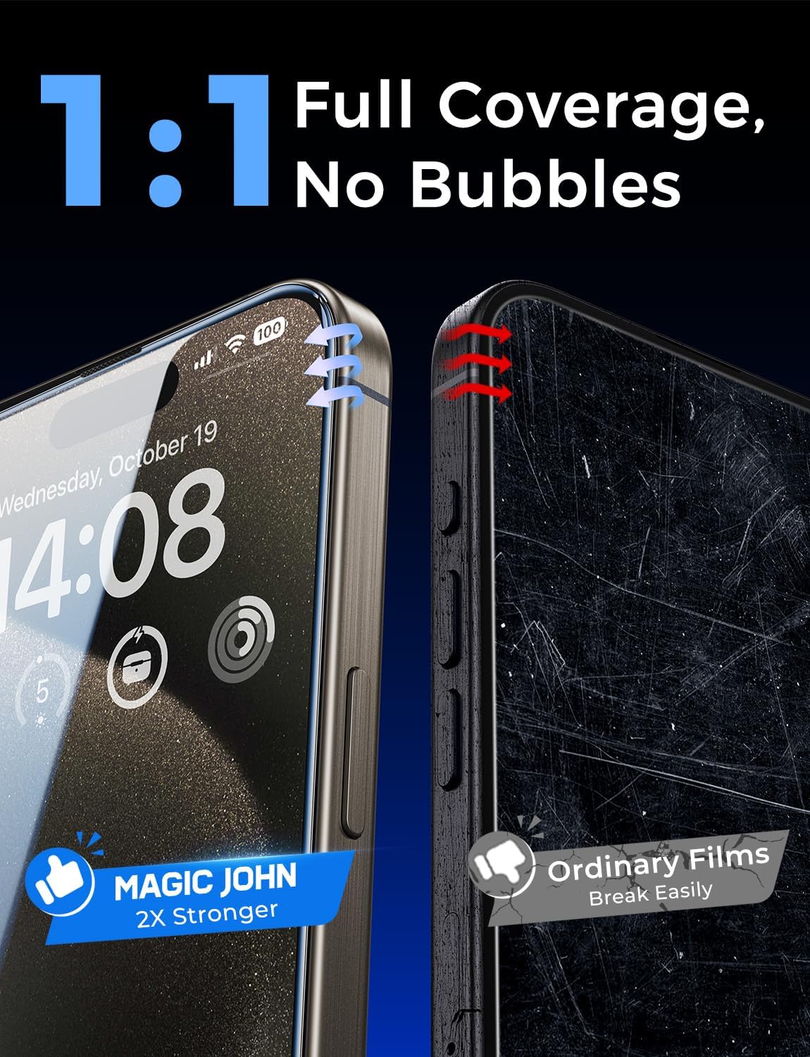 MAGIC JOHN 2 Pack iPhone 15 Pro Max Tempered Glass – 9H Shockproof Protection for Daily Drops and Scratches
