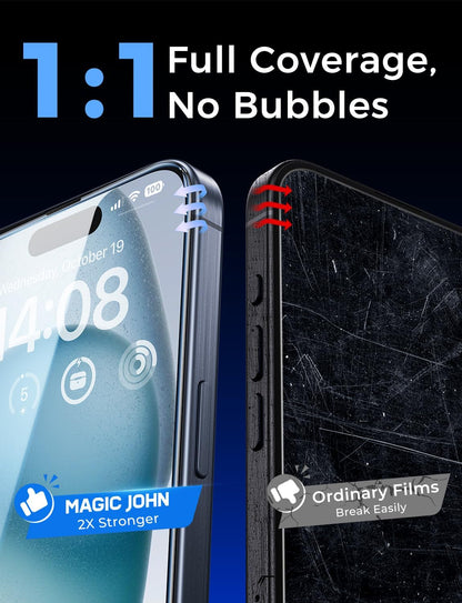 MAGIC JOHN 2 Pack iPhone 15 Tempered Glass Screen Protector 6.1 inch, Practical Birthday Stocking Stuffer Gift for Tech Lovers